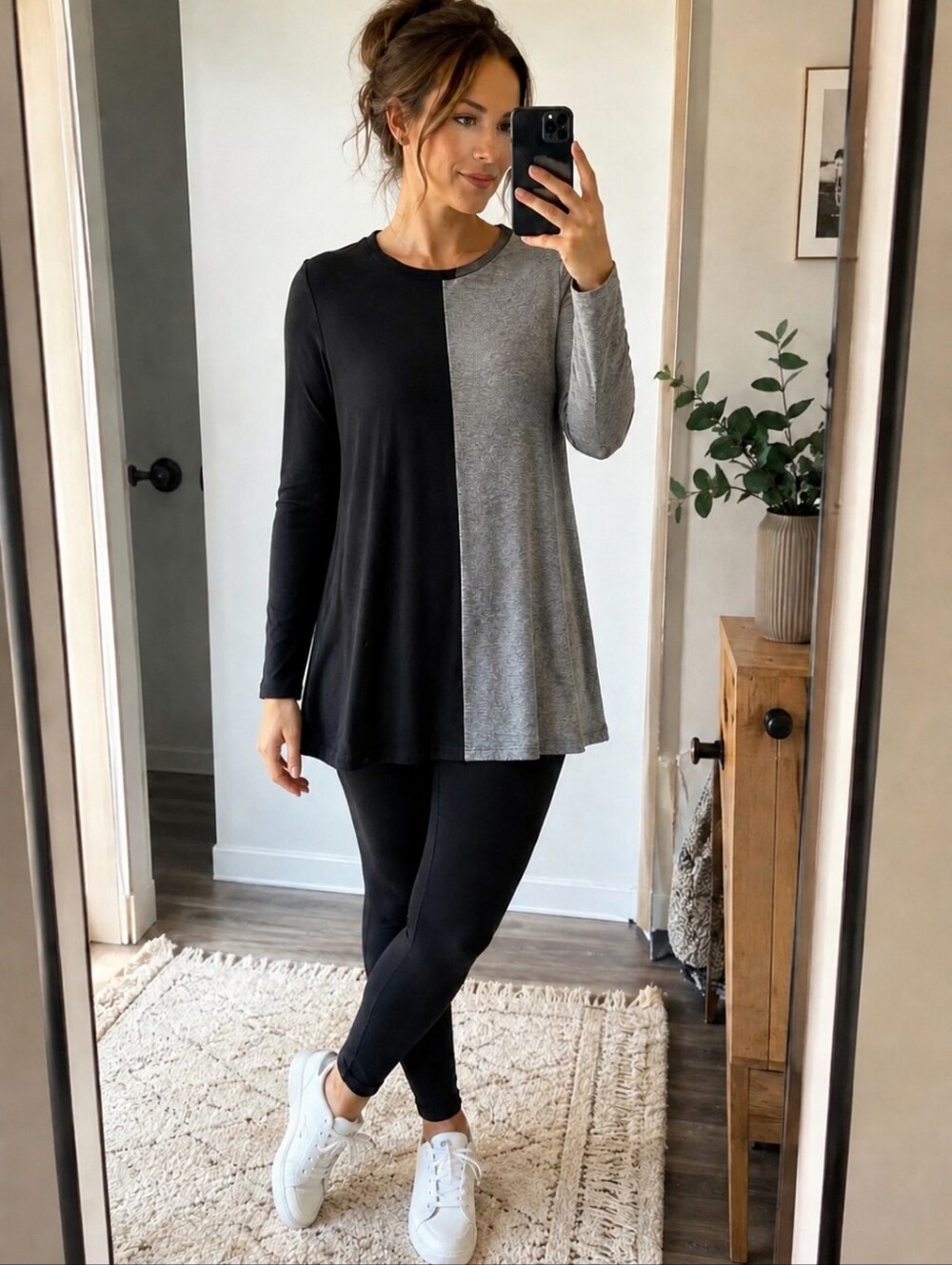 PURE Essence Bamboo Rayon Colorblock Tunic Top Black Gray Made in Canada Size L